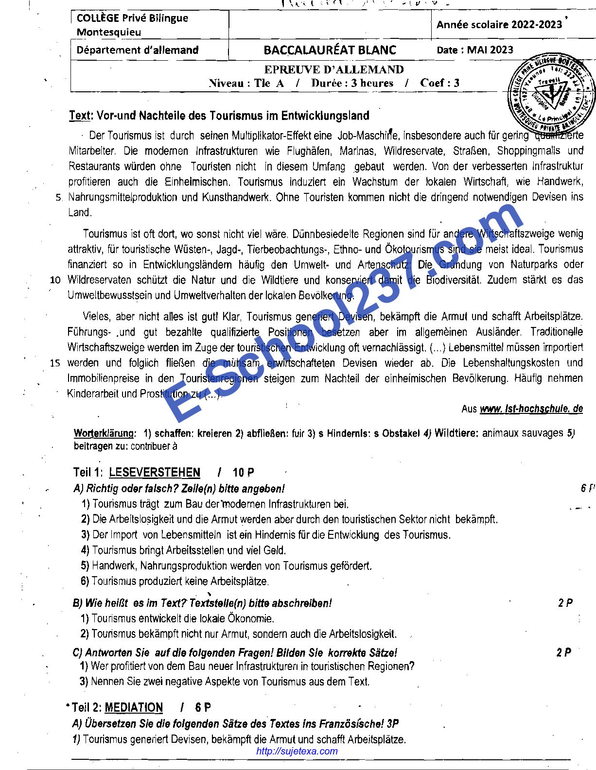 Bac A blanc Allemand session de mai 2023